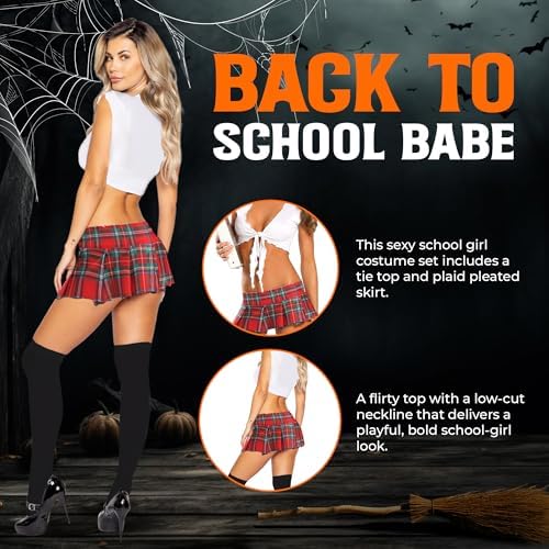 Sexy Costumes For Women: Roma 2 Piece School Girl Costume, Red Plaid Mini Skirt & Tie Front Top, Sexy Adult Halloween Outfit