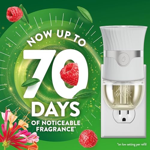 Air Wick Plug In Scented Oil Refill, Infused with Essential Oils, Plug In Air Fresheners for Home, Honeysuckle & Raspberry, 4 ct