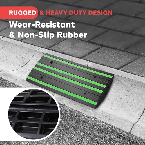 Pyle 2 Ft. Rubber Threshold Curb Ramp for Driveway - Heavy Duty Non-Slip Ramp for Vehicles - Green Reflective Strip, Marine Grade Waterproof, Ideal for Driveways & Sidewalks, 24.0"x16.0"x2.6" Inches