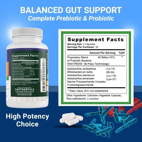 TRUTHENTICS Probiotic 40 Billion CFU with Prebiotics - Bifidobacterium Lactobacillus Acidophilus Paracasei Probiotics for Men & Women - Shelf Stable - 60 Vegan Capsules