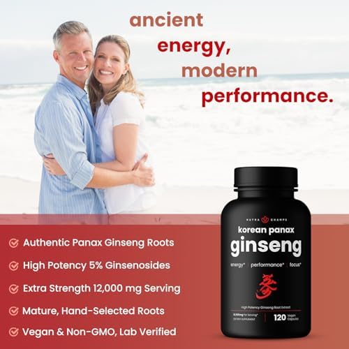 NutraChamps Korean Red Panax Ginseng Capsules | Extra Strength Ginsenosides for Energy, Focus, Performance, Vitality & Immune Support | Korean Ginseng Root Extract (120, Red)