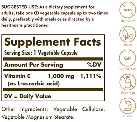 Solgar Vitamin C 1000 mg, 250 Vegetable Capsules - Antioxidant & Immune Support - Overall Health - Healthy Skin & Joints - Bioflavonoids Supplement - Non GMO, Vegan, Gluten No, Kosher - 250 Servings
