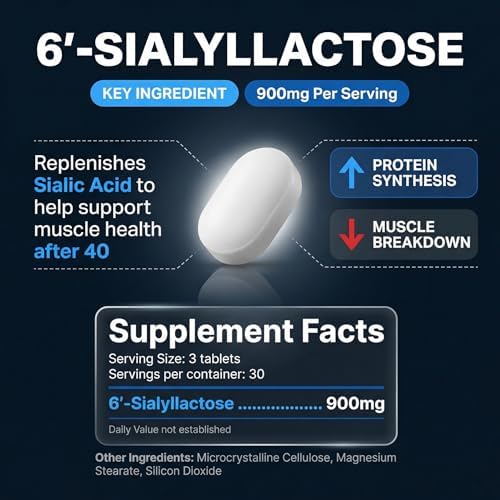 Muscle Health - Made in USA - Enhance Muscle Mass & Strength, Fast Workout Recovery, Reduce Fatigue & Boost Exercise Performance, 6-Sialyllactose (6-SL), 900mg, 90 Tablets (1 Pack)