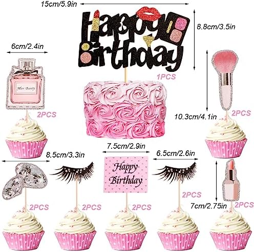 15 PCS Makeup Cupcake Toppers Cosmetics Theme Happy Birthday Cake Toppers Lipstick Eyelashes Makeup Brushes Diamond Perfume Bottle Cake Picks for Bridal Shower Girls Birthday Party