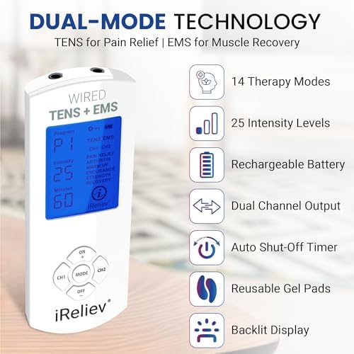 iReliev TENS Unit + EMS Muscle Stimulator with 14 Therapy Modes, Premium Pain Relief and Recovery System, Rechargeable, Large Back Lit Display, Large and Small Electrode Pads