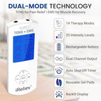 iReliev TENS Unit + EMS Muscle Stimulator with 14 Therapy Modes, Premium Pain Relief and Recovery System, Rechargeable, Large Back Lit Display, Large and Small Electrode Pads