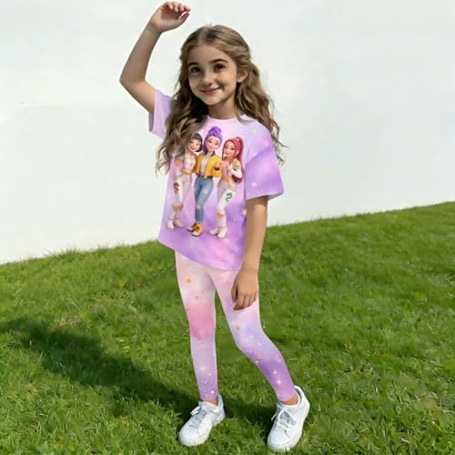 K-pop HUNTR/X 2 Piece Short Sleeve Top Shorts Hunter Print Outfits Set Teen Girl Cartoon Costume Outfits Short Set