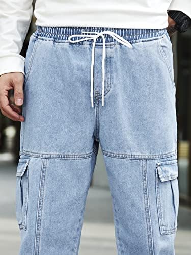 OYOANGLE Men's Drawstring Waist Flap Pocket Jogger Cargo Pants Carrot Denim Jeans with Pocket