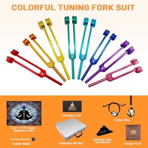 Chakra Tuning Fork Set with Crystals, Weighted Tuning Forks for Sound Therapy, DNA Repair, Meditation, Reiki, Includes Activator, 7 Chakra Tools for Yoga Spiritual Healing