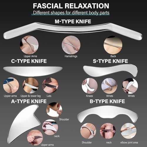 5 in 1 Stainless Steel Gua Sha Muscle Scraper Tools Set, Scraping Tools Kit for Physical Therapy, IASTM Tools, Guasha Tools for Deep Tissue Massage with Storage Bag