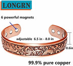 LONGRN-Copper bracelet for men -Ultra Strength Magnetic Bracelets, 99.99% Pure Copper Cuff Bangle with 3500 Gauss Neodymium Magnets, Adjustable, Vintage Collection
