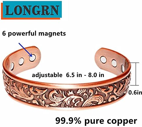 LONGRN-Copper bracelet for men -Ultra Strength Magnetic Bracelets, 99.99% Pure Copper Cuff Bangle with 3500 Gauss Neodymium Magnets, Adjustable, Vintage Collection