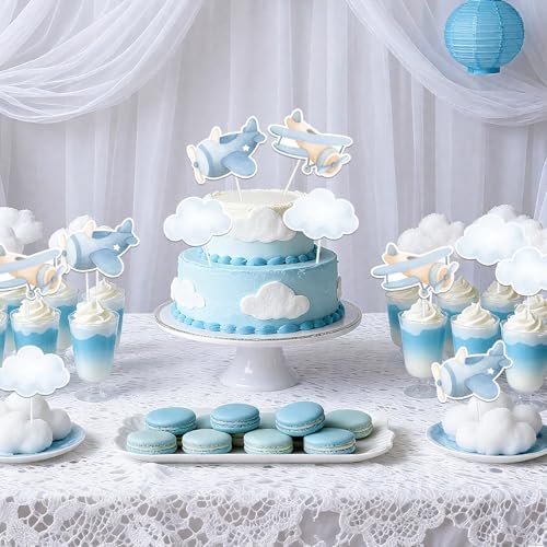 36Pcs Airplane Cupcake Toppers Airplane Birthday Decorations Blue Plane Cloud Cake Decorations for Boys Girls Plane Aviation Themed Birthday Baby Shower Bridal Shower Wedding Party Supplies
