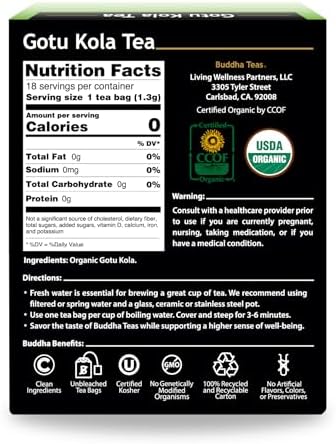 Buddha Teas Organic Gotu Kola Tea - OU Kosher, USDA Organic, CCOF, 18 Bleach-Free Tea Bags