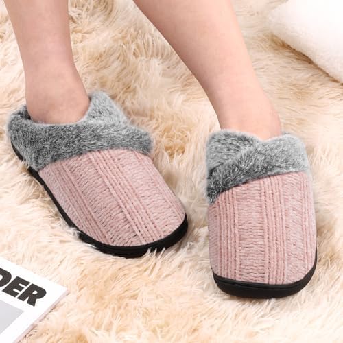 Slippers for Women Fuzzy House Slip on Indoor Outdoor Bedroom Furry Fleece Lined Ladies Comfy Memory Foam Female Home Shoes Anti-Skid Rubber Hard Sole