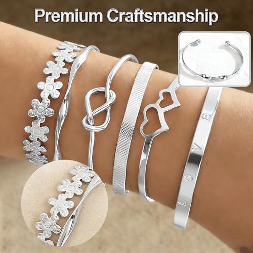 6 Pcs Silver Stackable Bracelets Set For Women Adjustable Open Cuff Bangles Flower Heart Knot Love Chain Trendy Layering Jewelry Gift (Pack of 1)