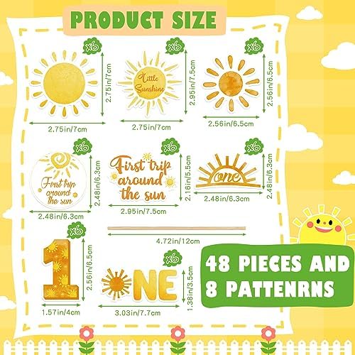 Weecent 48 Pcs First Trip Around The Sun Cake Topper, Sunshine Cupcake Toppers Sun Cupcake Toppers 1st Birthday Decorations for Girls 1st Trip Around The Sun Birthday Party Supplies