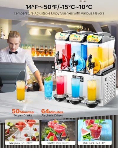 VEVOR Commercial Slushy Machine, 15Lx3 Triple Tank Margarita Machine, 180 Cups Stainless Steel Margarita Smoothie Frozen Drink Machine, Slushie Machine for Party Restaurants Cafe Bars