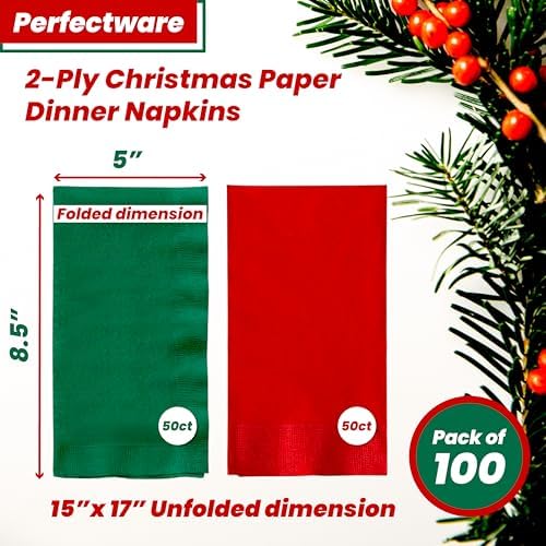 Perfectware 2PLY Christmas Paper Dinner Napkins. Pack of 100CT in Green and Red. 15 x 17 Paper Dinner Napkin Set