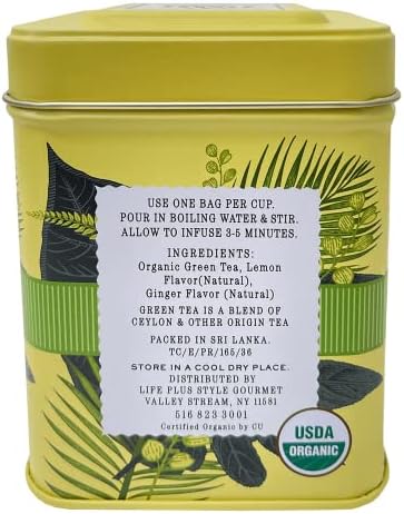 Organic Lemon Ginger Ceylon Green Tea - 50 Packets - Natural Antioxidant Rich Herbal Leaf Teabags - USDA Certified 100% Non-GMO - Caffeinated Premium Designer Tin