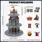 3 Tier Medieval Castle Cupcake Stand Decor with 24 Cake Toppers Knight Birthday Party Decorations Medieval Theme Dessert Cardboard Stand Tower Castle Cupcake Holder for Boys Baby Shower Supplies
