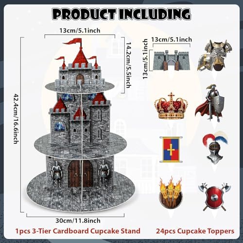 3 Tier Medieval Castle Cupcake Stand Decor with 24 Cake Toppers Knight Birthday Party Decorations Medieval Theme Dessert Cardboard Stand Tower Castle Cupcake Holder for Boys Baby Shower Supplies