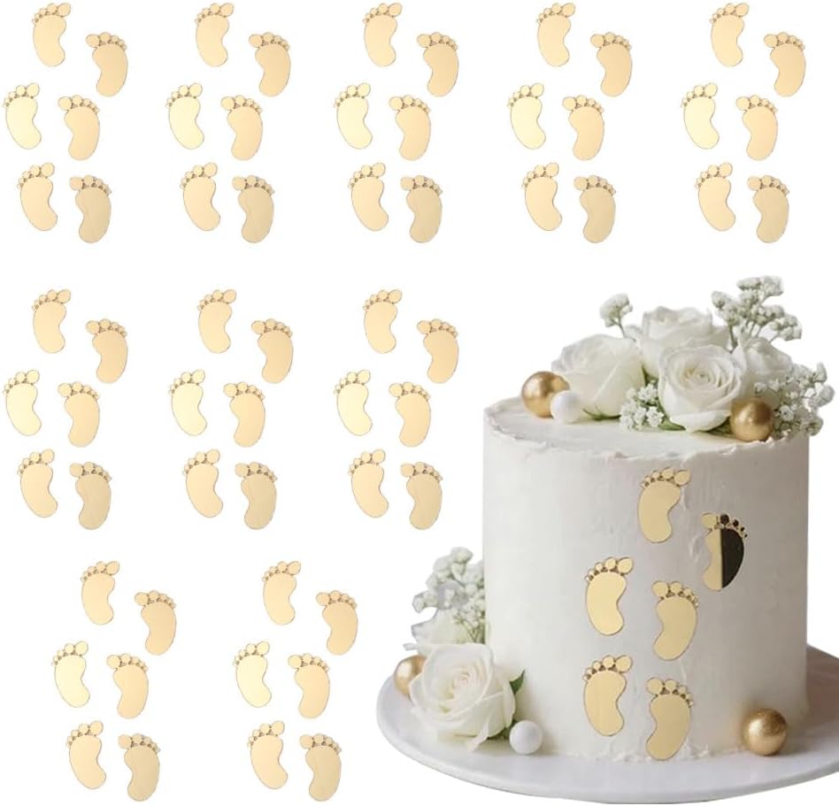 60pcs/bag Baby Shower Acrylic Cake Topper Baby Feet Cake Decoration Oh Baby Gender Reveal One 1st Birthday Party Boy and Girl (Gold)
