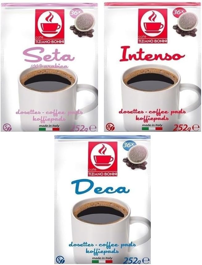 Bonini Seta, Intenso, Decaf Coffee Pads, Senseo Compatible Variety Pack Coffee Pads/Pods x36 (Pack of 3, Total 108 pads)