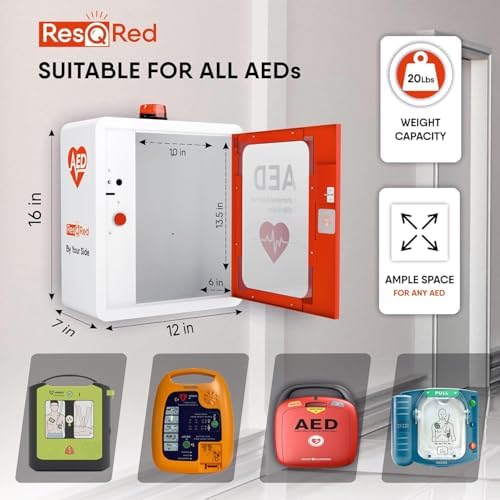 AED Defibrillator Wall Mounted Cabinet with Metal AED Projecting Sign, Steel Storage Cabinet with Quick Accessible Door, Alarm System, Fits All Brands AED Defibrillator, for Office, Hospital