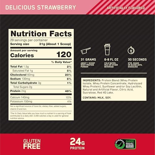 Optimum Nutrition Gold Standard 100% Whey Protein Powder, Delicious Strawberry, 2 Pound (Packaging May Vary)