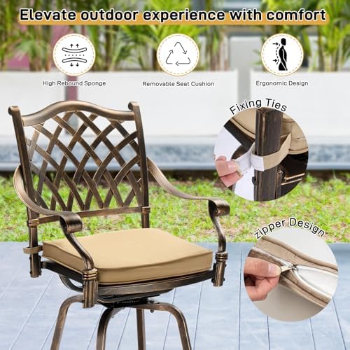 Outvita Outdoor Patio Swivel Bar Stools Set of 2, All-Weather Cast Aluminum Bar Height Bistro Chairs, Counter Height Outdoor Barstools, with Cushions for Garden, Load Capacity: 380 lbs