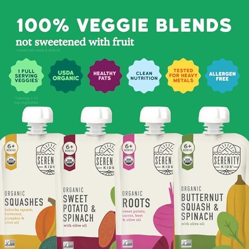 Serenity Kids 6+ Months Pureed Veggie Baby Food Pouches - USDA Organic Baby Food Stage 1 Puree - Organic Allergen-Free Toddler Snacks - On-the-Go Toddler Pouches - 3.5 Oz, Pack of 8