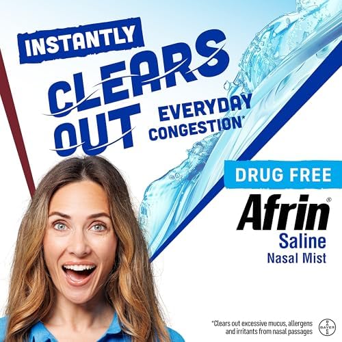 Afrin Saline Nasal Spray, 100% Drug Free, Saline Solution, Daily Care Nasal Spray for Everyday Congestion and Dry Nose, Easy Mist, 4.5 OZ