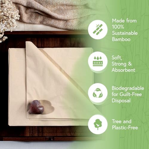 100% Bamboo Compostable Napkins (50-Pack) | Heavy Duty Napkins for Lunch, Dinner, Events, Occasions & Entertaining | Eco Friendly | 3-Ply FSC Certified | Bamboo Paper Towels | 7.5 x 8 Inch