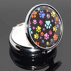 Portable Round Metal Pill Box Case, Art Abstract Painting Lid, Mini Medicine Tablet Organizer Container Holder with 3 Compartments (Colorful Little Dog Footprints on Black)