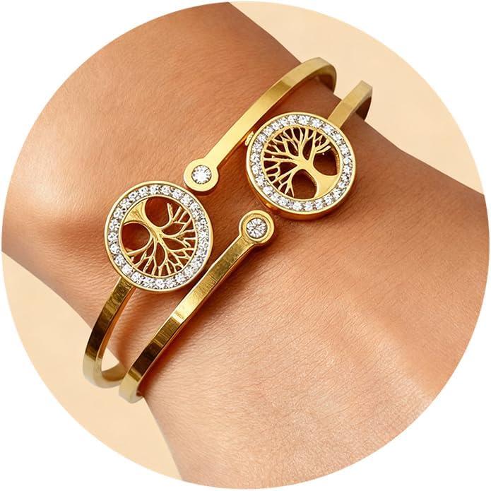Gold Tree of Life Bangle Bracelet for Women, 18K Gold Plated Stainless Steel Double Layer Spring-Open Bangle, Meaningful Dainty Jewelry Gift
