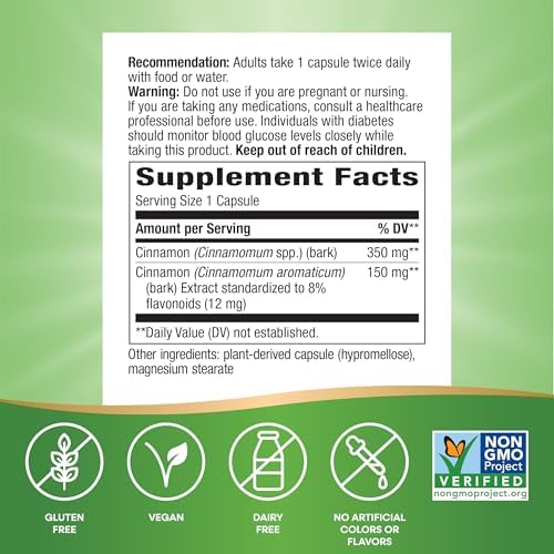 Nature's Way Premium Extract Cinnamon Standardized to 8% Flavonoids 60 Vcaps (Pack of 2)