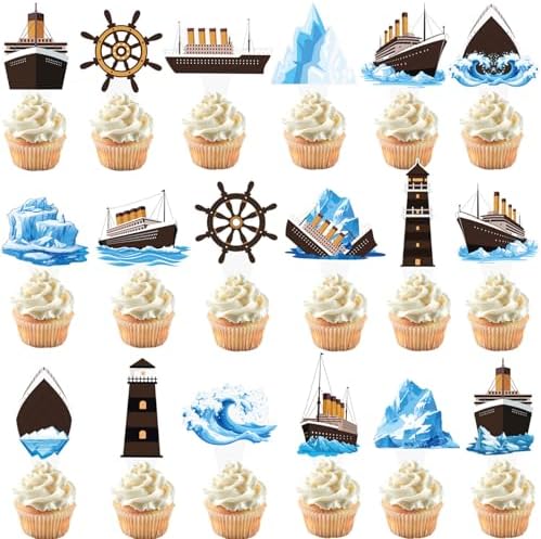48PCS Nautical Party Cupcake Toppers Cruise Ship Birthday Party Decorations Ocean Ship Cake Decorations Iceberg Lighthouse Cupcake Picks for Cruise Liner Nautical Theme Birthday Baby Shower Supplies