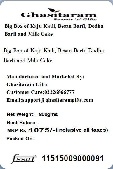 Ghasitaram Gifts Indian Sweets - Diwali Gifts Diwali Sweet - Big Box of Kaju Katli, Besan Barfi, Dodha Barfi and Milk Cake