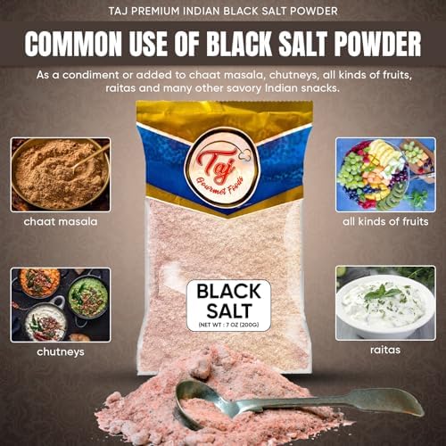 TAJ Black Salt Powder 7-Ounce (200g) | Kala Namak | Vegan & Gluten Friendly, GMO Free
