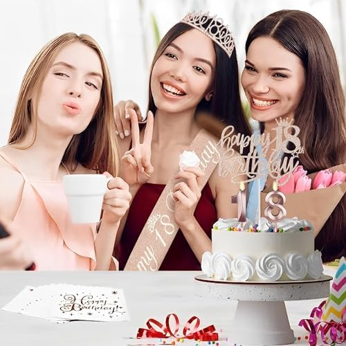18th Birthday Decorations for Girls, Including 18th Birthday Sash and Tiara, Cake Topper and Candles, Number Balloons, 18 Year Old Gifts for Girls