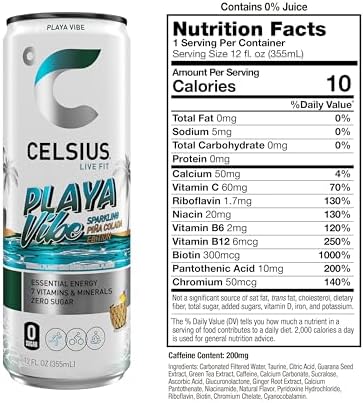 CELSIUS PLAYA VIBE Sparkling Pina Colada, Sugar Free Energy Drink, 12 Fl Oz (Pack of 12)