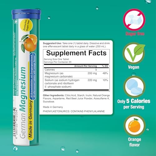 German Magnesium Oxide Supplement | Effervescent Tablets | Orange Flavor – 200 mg Magnesium per Serving | Sugar Free, Vegan – T&D Pharma – Made in Germany
