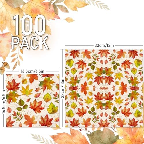 JarThenaAMCS 100Pcs Fall Thanksgiving Paper Napkins Maple Leaves Disposable Luncheon Napkins Autumn Holiday Dinner Hand Napkins for Harvest Party Supplies Tableware Decor, 6.5 x 6.5 Inch
