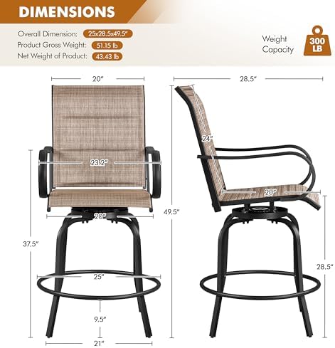 Yaheetech 2 Piece Patio Swivel Bar Stools Texteline Bistro Chairs with High Back/Armrest/Footrest, All Weather Padded Seating Outdoor Furniture Chairs for Outside, Lawn & Garden?Black/Brown