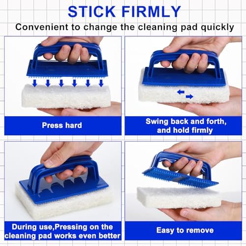 Maxdot 18 Pcs Handled Bath Scrubber Set, 15 Bathroom Scouring Pad 3 Bathtub Scrubber with Handle Non Scratch Soap Scum Remover for Cleaning Sink Shower Tile Swimming Pool Step Corner(Blue and White)