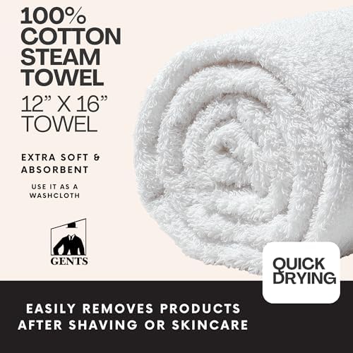 G.B.S Gents Barbershop Steam Towel – 100% Cotton Pre-Shave Hot Towel for Men, Soft & Super Absorbent Spa Washcloth – 12” x 16” Reusable Quick-Dry (1, White)