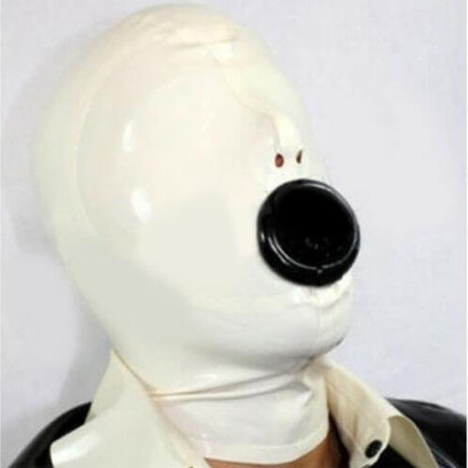 White Latex Hood with Inner Black Mouth Condom Open Nose Back Zipper Rubber Mask Club Wear