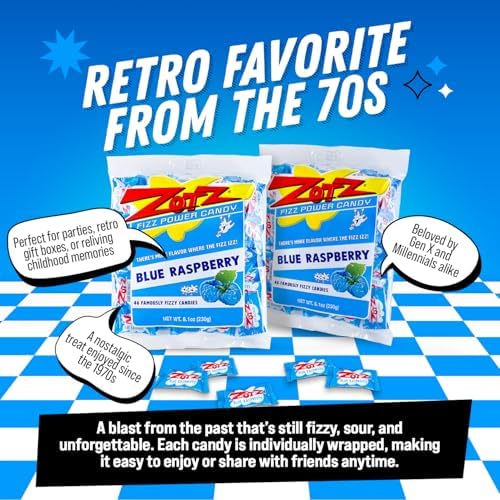Zotz Fizzy Old Fashioned Hard Candy Fruit Flavored Blue Raspberry Candy, Individually Wrapped Hard Candy, From Italy Since 1970 (Bag 46 Units)
