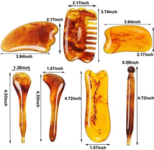 7 Pack Gua Sha Scraping Massage Facial Tools Kit, ResinGuasha Scraper Board Health Care Beauty Scrape Plate with Flax Bag for Face Body Leg Back Care Physical Acupuncture Deep Tissue Therapy (Amber)